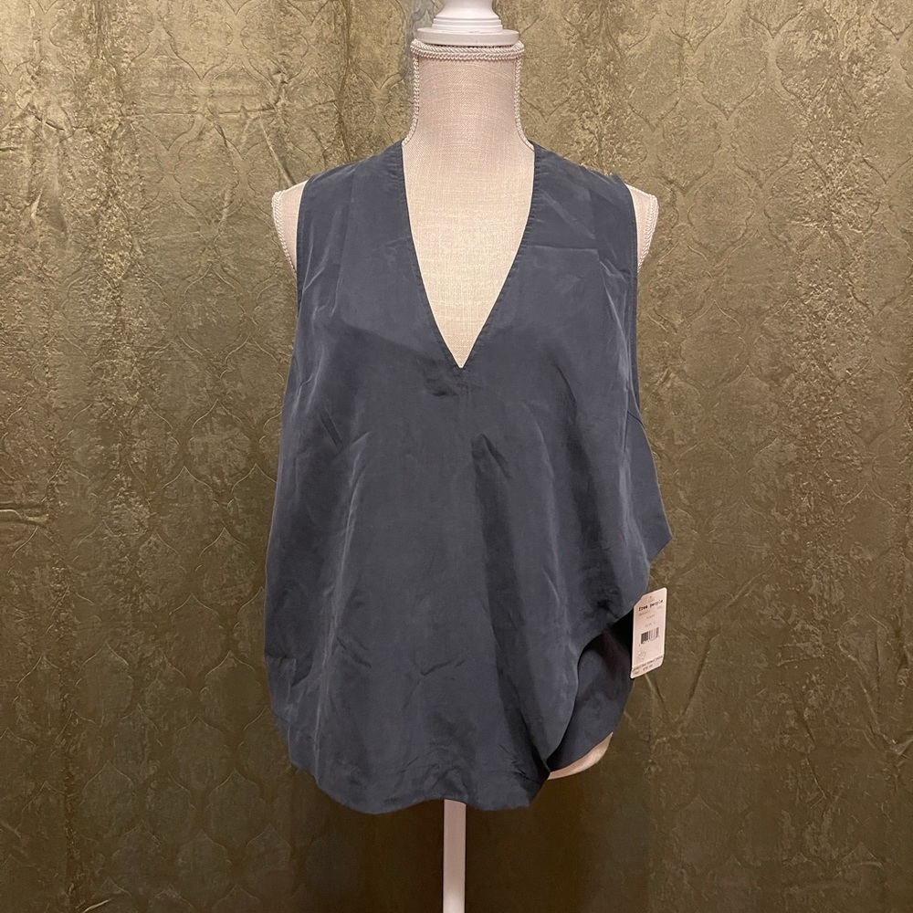Free People Sleeveless V-Neck Satin Tank in Charcoal